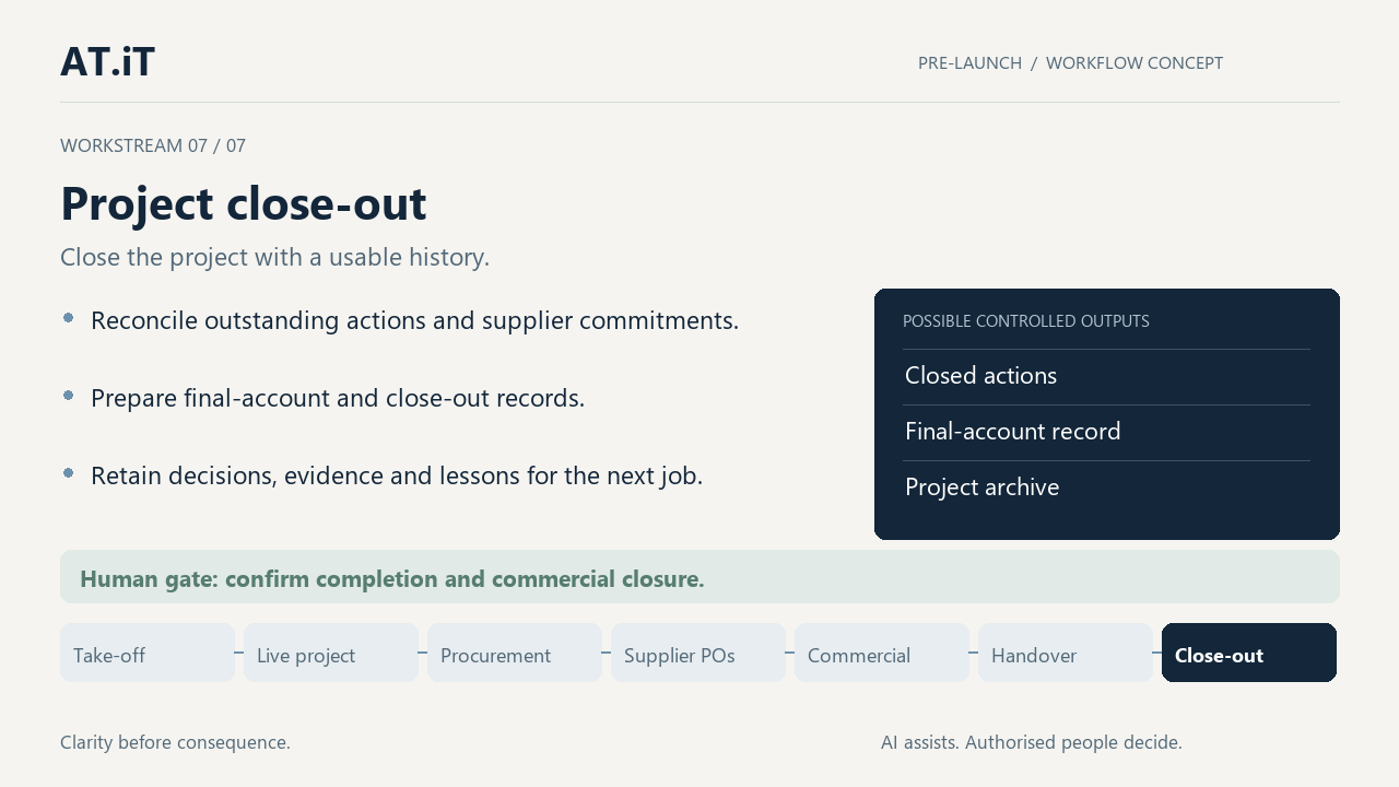 Project close-out. Close the project with a usable history. Reconcile outstanding actions and supplier commitments. Prepare final-account and close-out records. Retain decisions, evidence and lessons for the next job. Human gate: confirm completion and commercial closure.